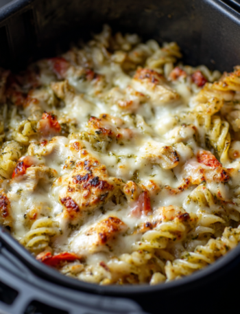 Air Fryer Cheesy Pesto Chicken Pasta Bake