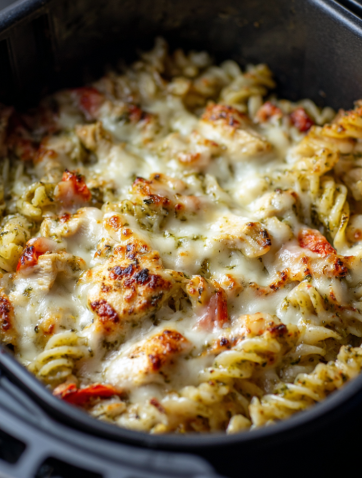 Air Fryer Cheesy Pesto Chicken Pasta Bake