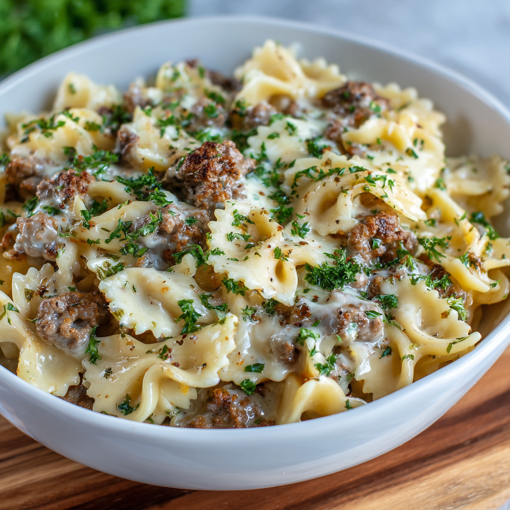 how to make Air Fryer Garlic Butter Ground Beef Alfredo