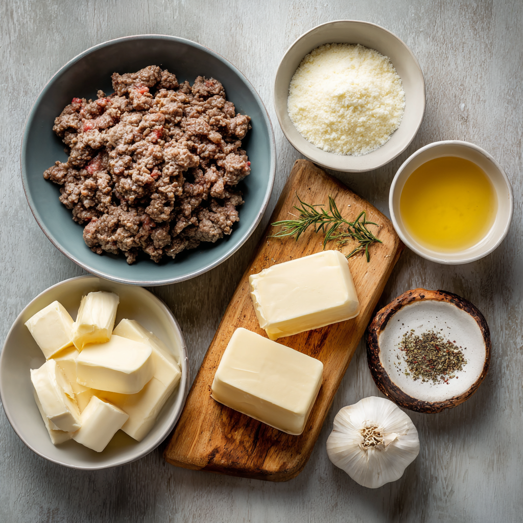 Air Fryer Garlic Butter Ground Beef Alfredo ingredients
