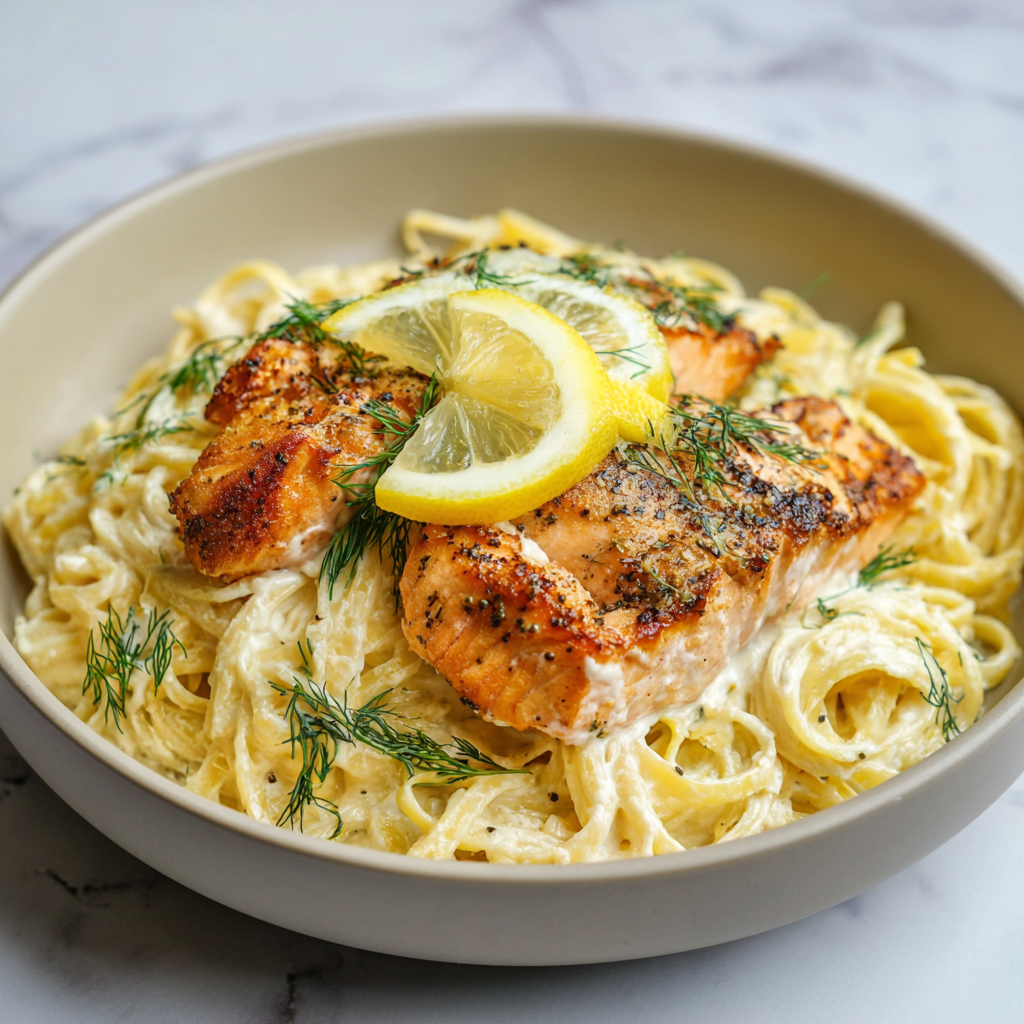 how to make Air Fryer Lemon Dill Salmon Pasta
