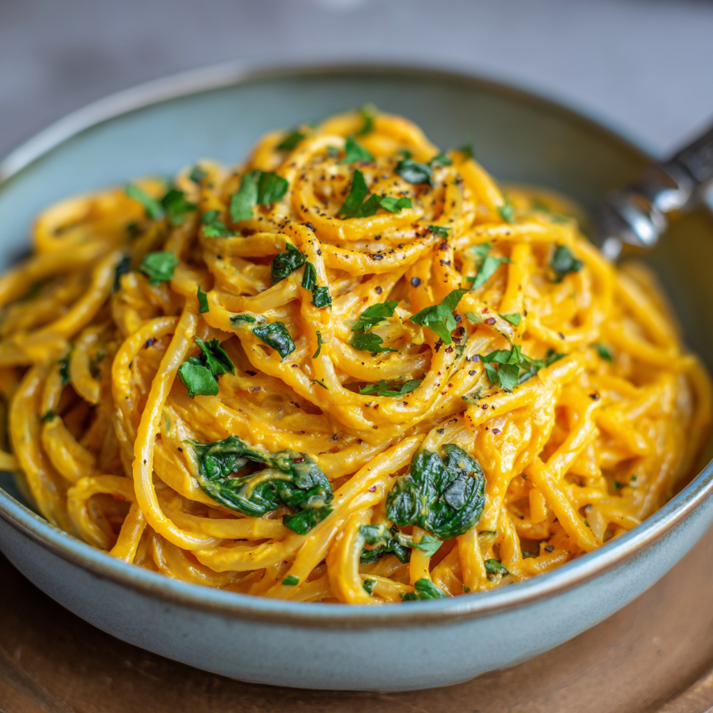 how to make Air Fryer Vegan Creamy Garlic Pumpkin Pasta