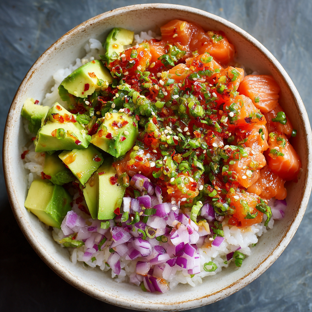 how to make Air Fryer Salmon Avocado Poke Bowl