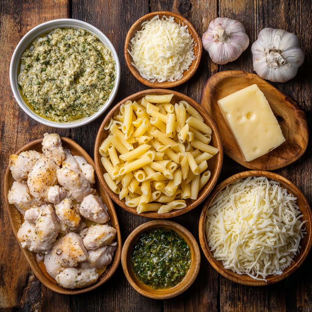 Air Fryer Cheesy Pesto Chicken Pasta Bake ingredients