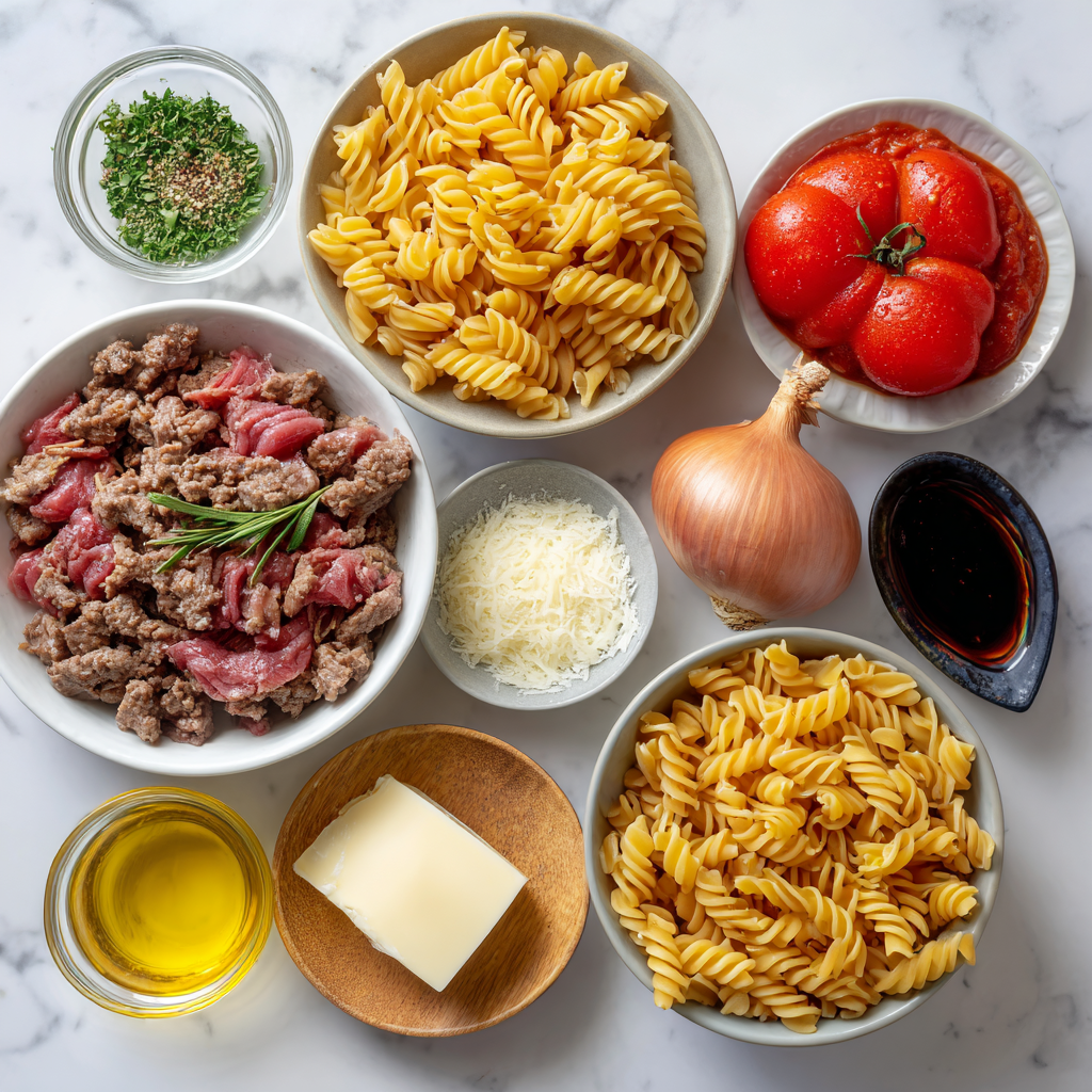 ingredients of Air Fryer Creamy Tomato Garlic Beef Pasta