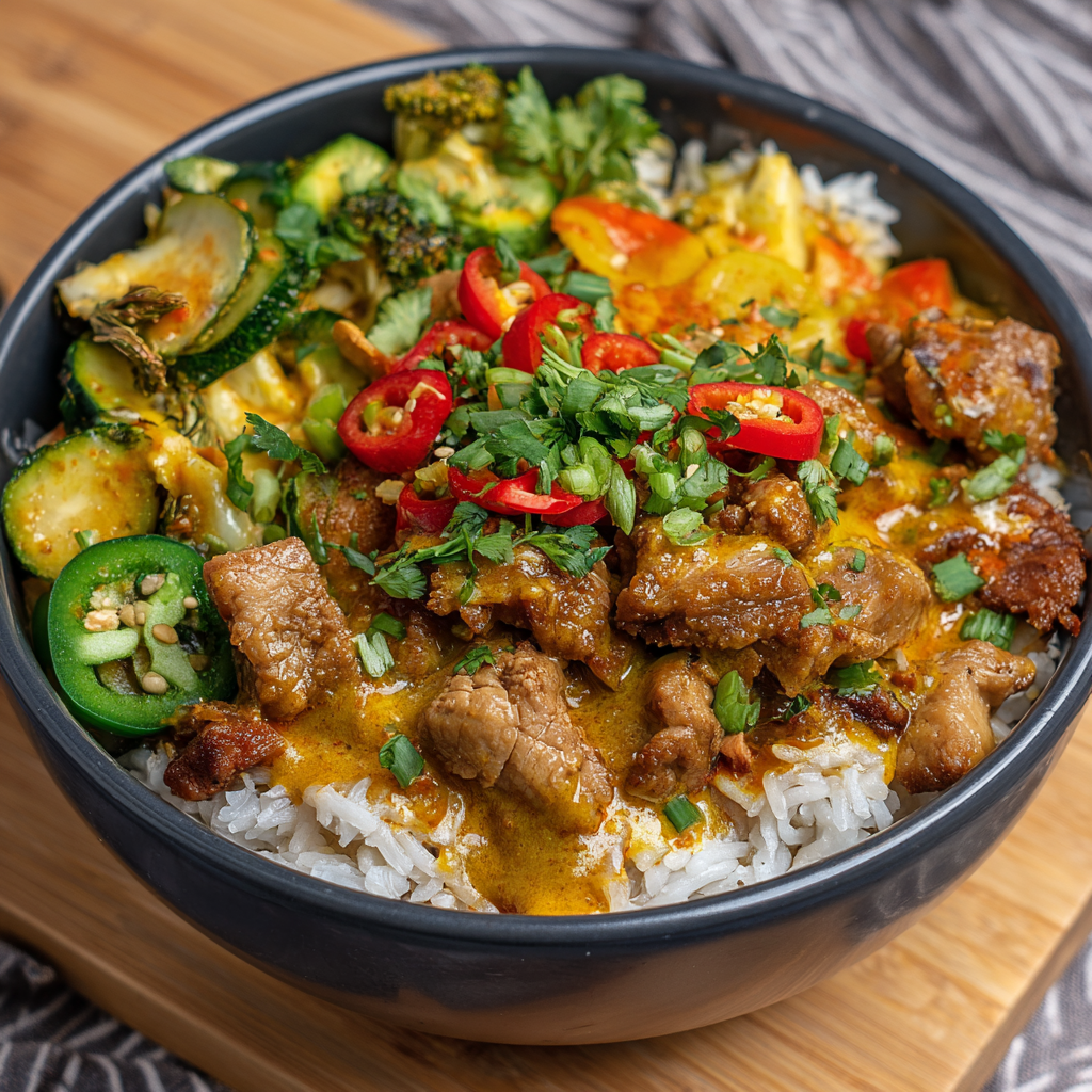 how to make Air Fryer Coconut Curry Pork Bowl