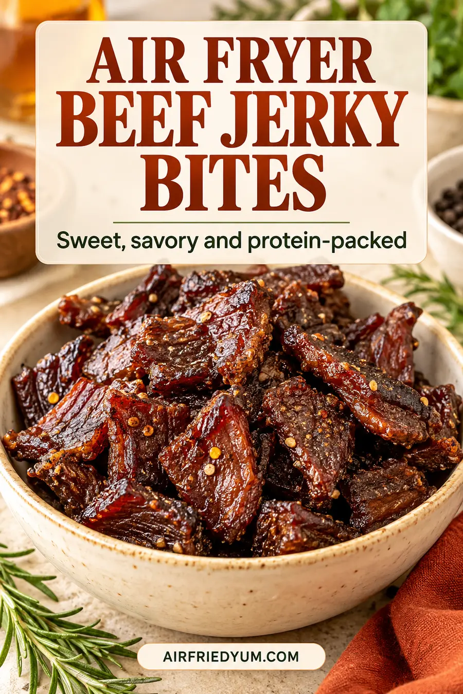 Pinterest pin for Air Fryer Beef Jerky Bites with a realistic finished-dish photo and recipe headline