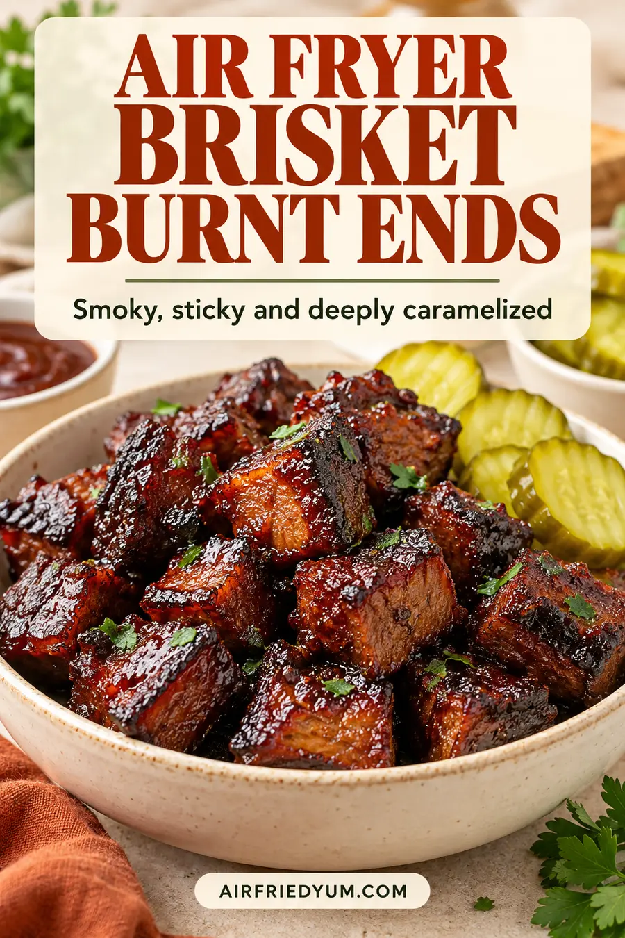 Pinterest pin for Air Fryer Brisket Burnt Ends with a realistic finished-dish photo and recipe headline