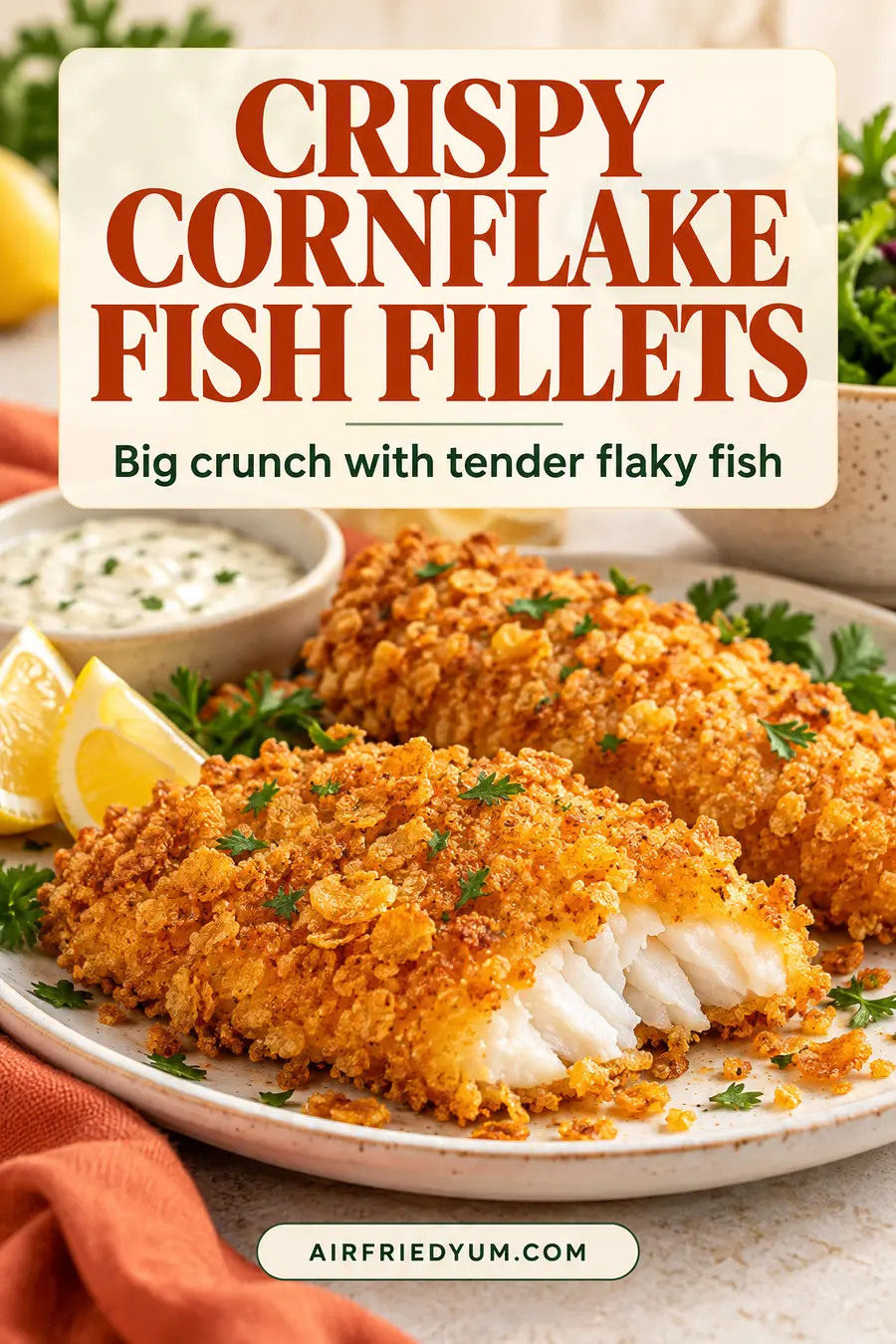 Pinterest pin for Air Fryer Cornflake Fish Fillets with a realistic finished-dish photo and recipe headline