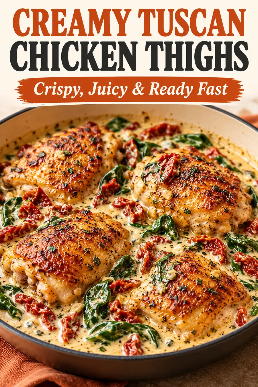 Pinterest pin for Air Fryer Creamy Tuscan Chicken Thighs with a realistic finished recipe and bold headline