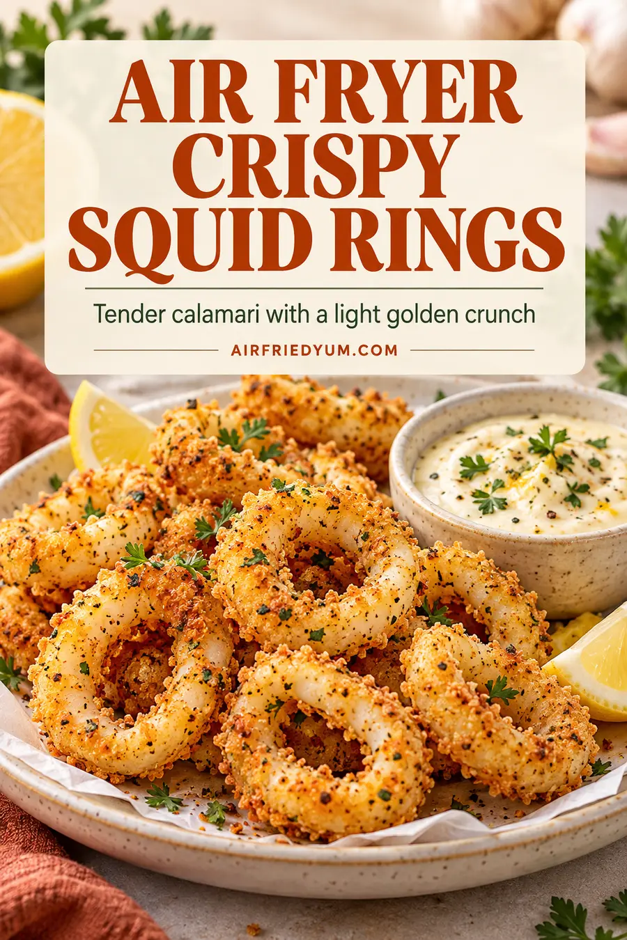 Pinterest pin for Air Fryer Crispy Squid Rings with a realistic finished-dish photo and recipe headline