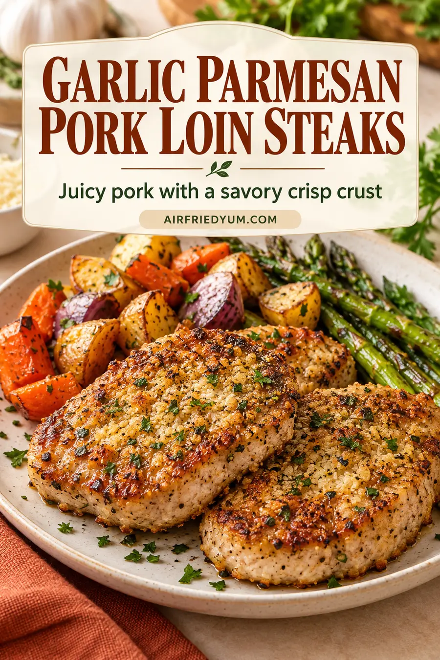 Pinterest pin for Air Fryer Garlic Parmesan Pork Loin Steaks with a realistic finished-dish photo and recipe headline