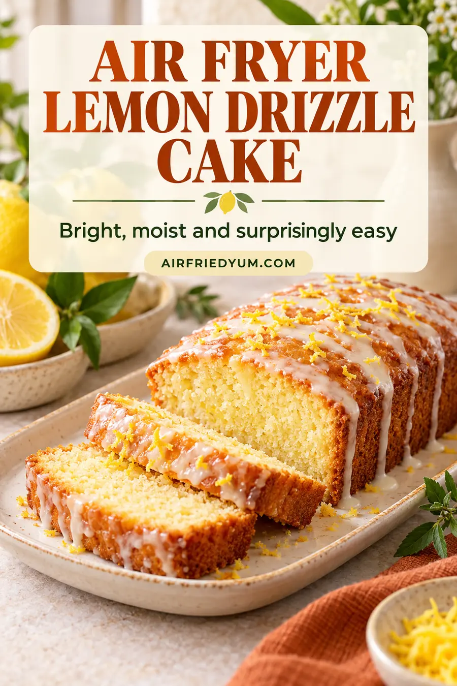 Pinterest pin for Air Fryer Lemon Drizzle Loaf Cake with a realistic finished-dish photo and recipe headline