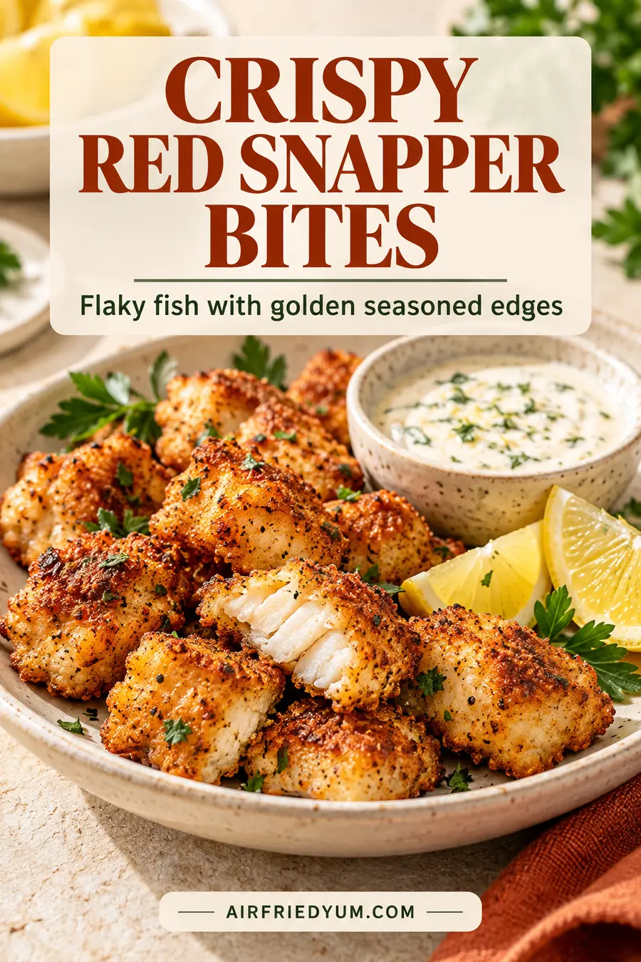Pinterest pin for Air Fryer Red Snapper Bites with a realistic finished-dish photo and recipe headline