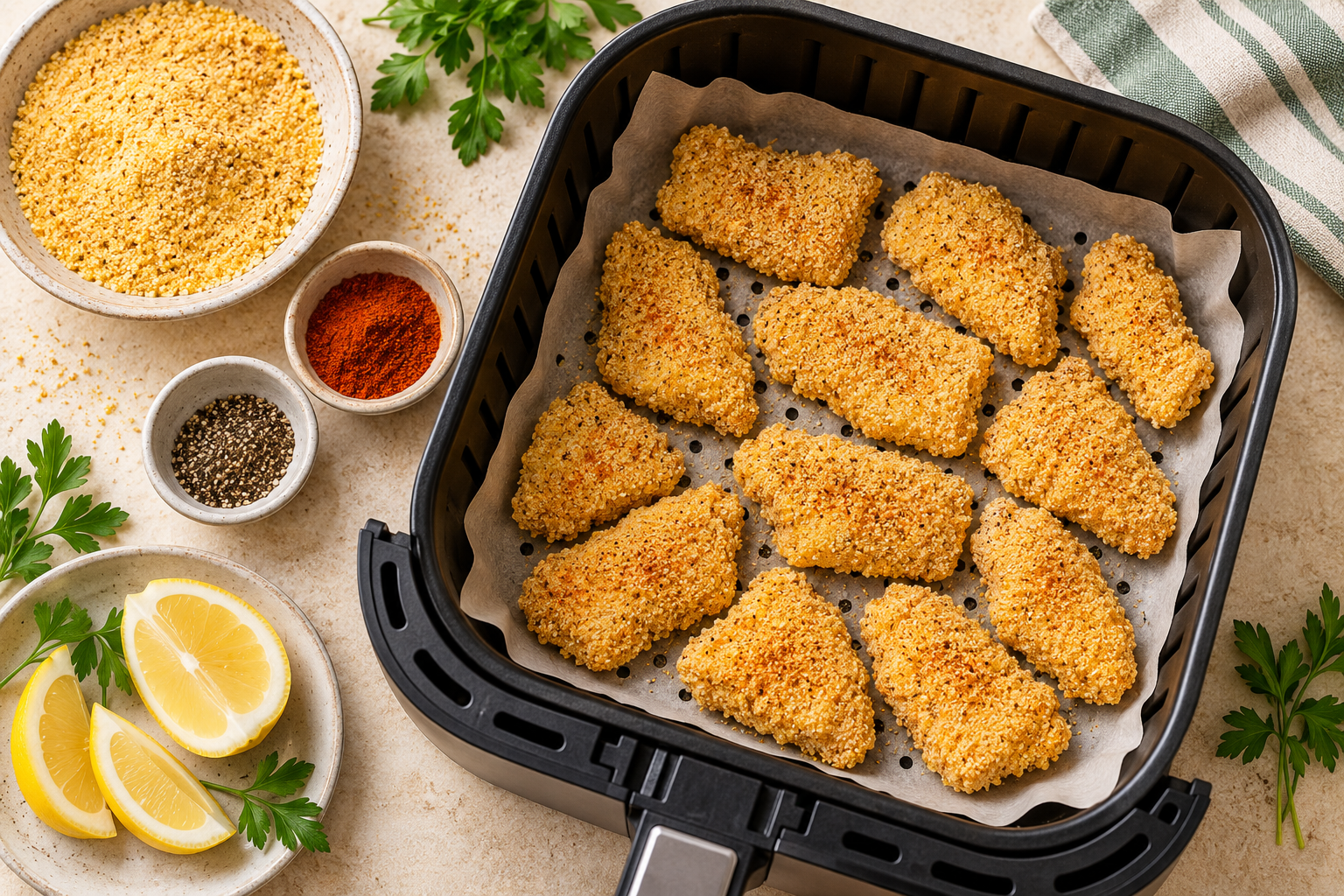 Cornmeal-coated catfish nuggets arranged in an air fryer basket
