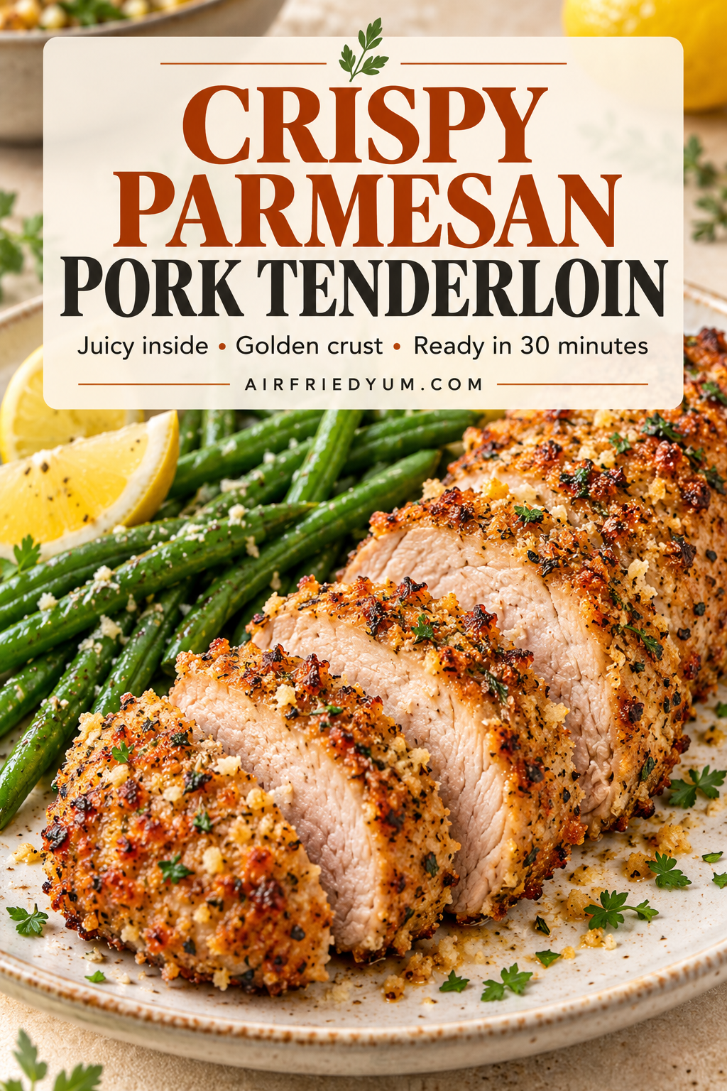 Pinterest pin for crispy Parmesan pork tenderloin