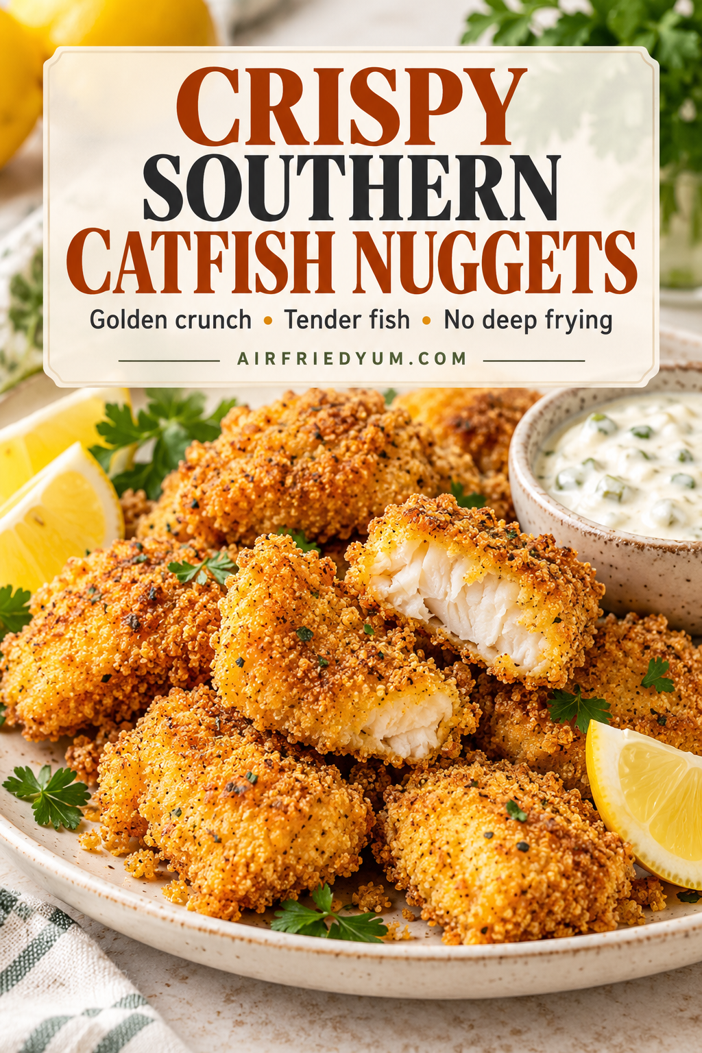 Pinterest pin for crispy Southern catfish nuggets