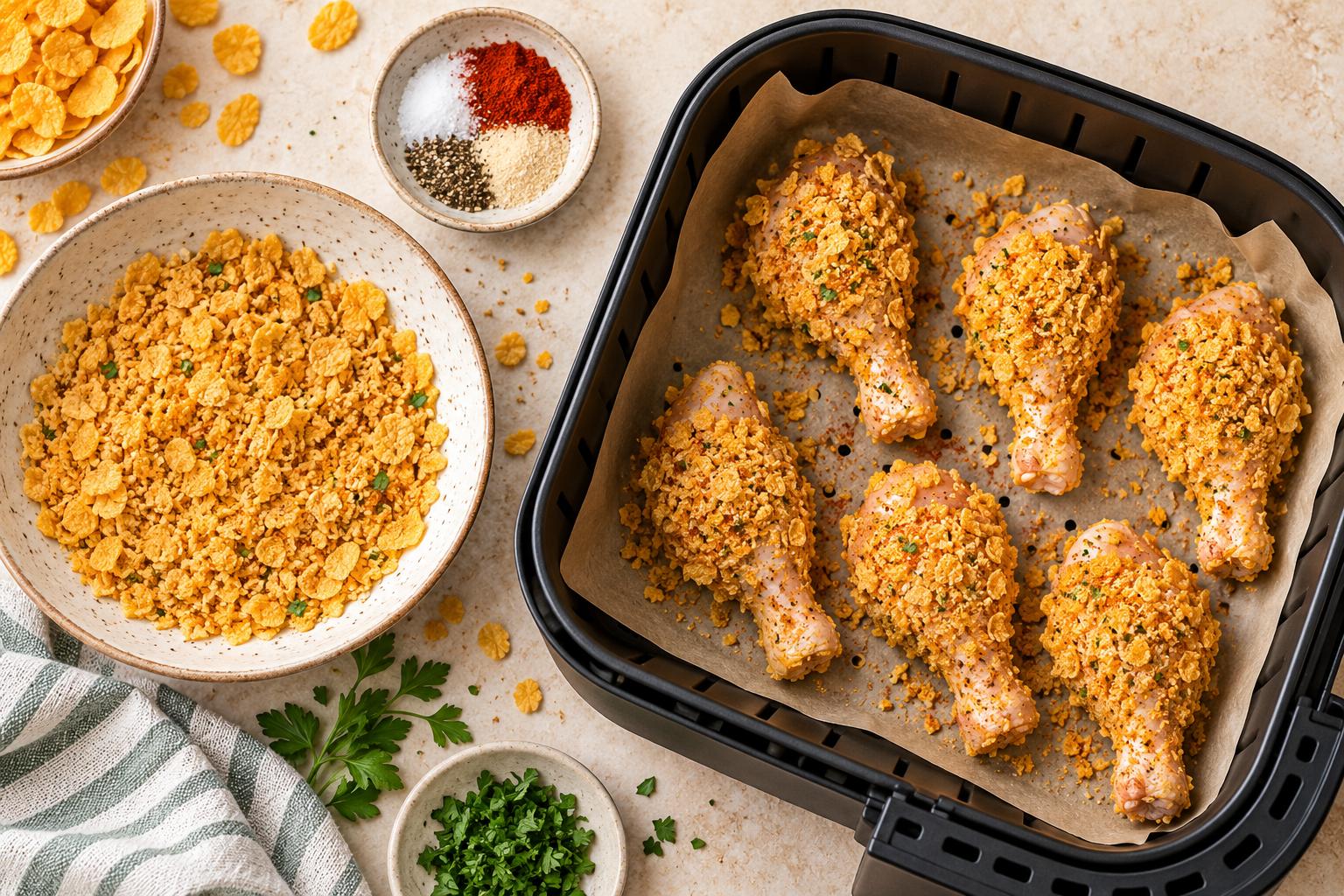 Cornflake-coated chicken drumsticks arranged in an air fryer basket