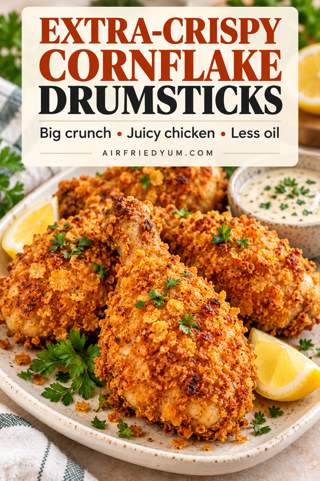 Pinterest pin for extra-crispy cornflake chicken drumsticks