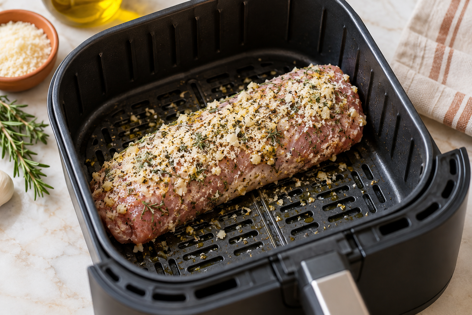 Parmesan-crusted pork tenderloin prepared for the air fryer
